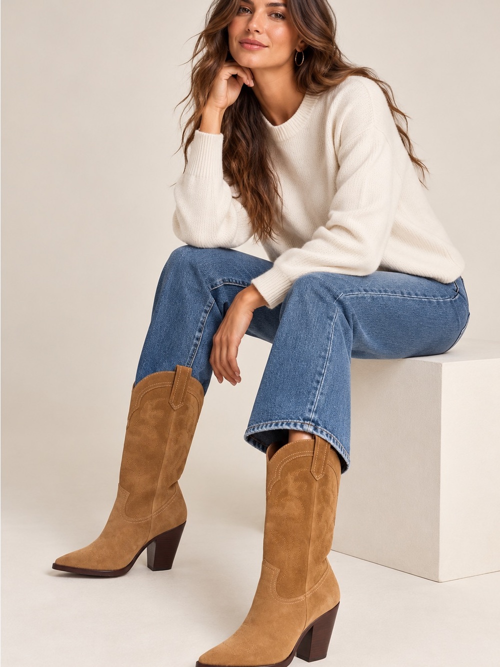 SCHUTZ Camel Suede Western Mid-Calf Heeled Boots